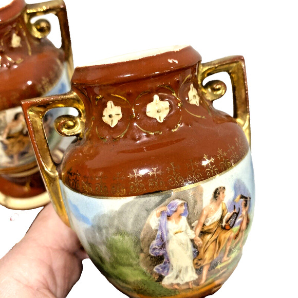 Vintage Ornate Petite Czechoslovakia Erphila Art Pottery Urns Shaped Vase PAIR - Picture 9 of 13